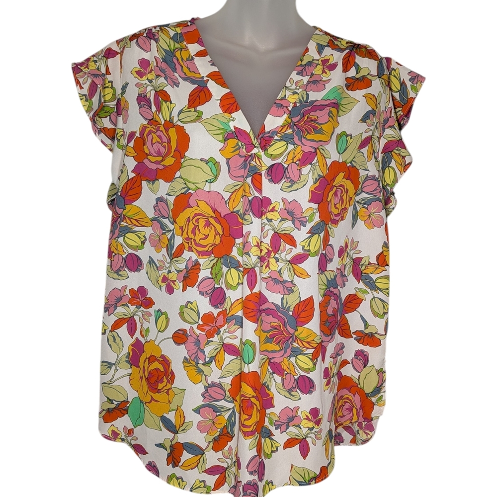 Chaus White V-Neck Floral Flutter Sleeve Blouse